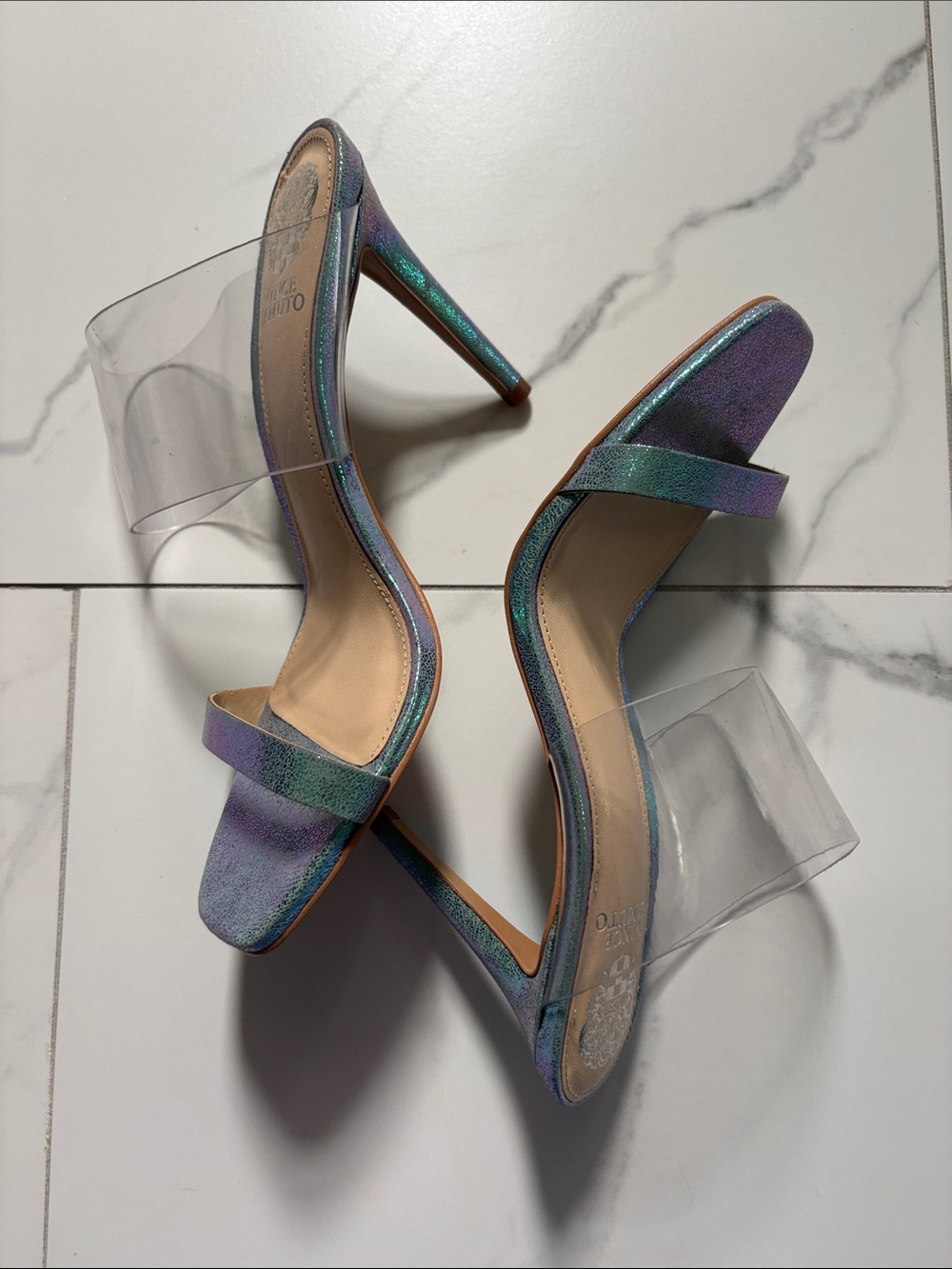 Vince Camuto Iridescent Purple-Green Clear Strap Heels